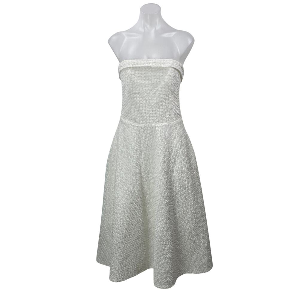 Midinette White Textured Strapless Bandeau Pleated Fit & Flare Midi Dress Size M